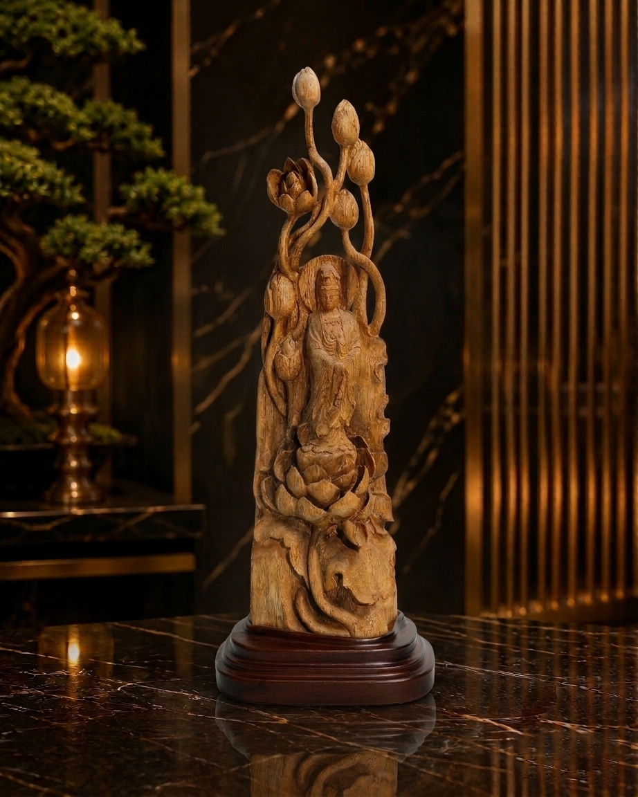 Natural Agarwood Guanyin Statue On Lotus – Premium Spiritual Oud Sculpture