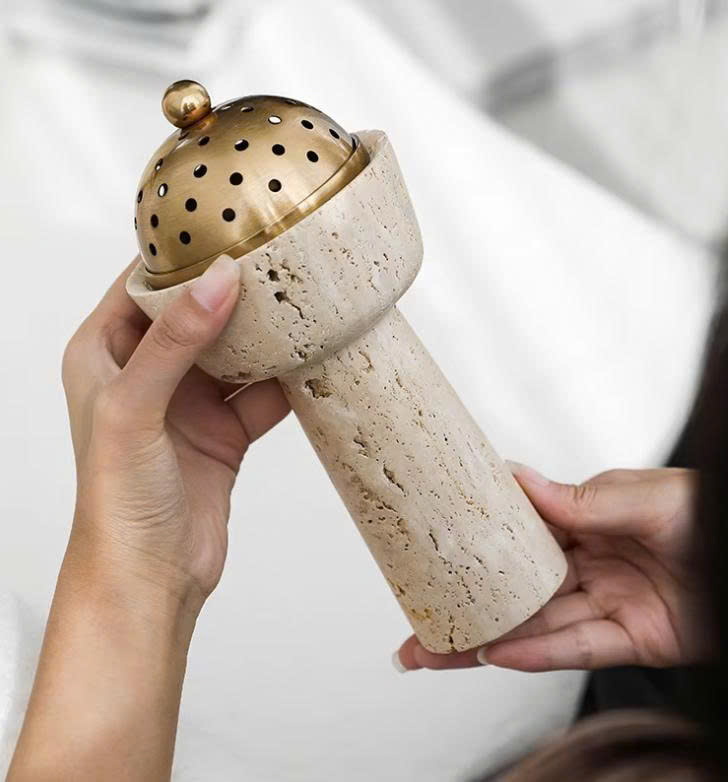 Tall Natural Stone Oud Burner with Perforated Brass Dome Lid