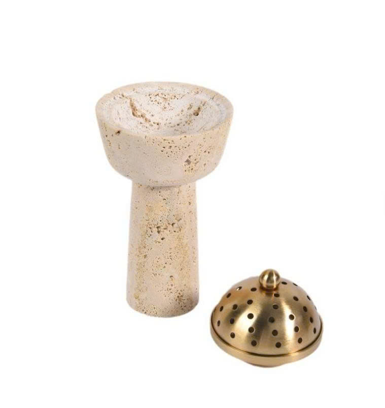 Tall Natural Stone Oud Burner with Perforated Brass Dome Lid