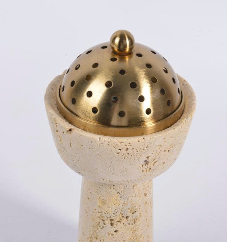 Tall Natural Stone Oud Burner with Perforated Brass Dome Lid